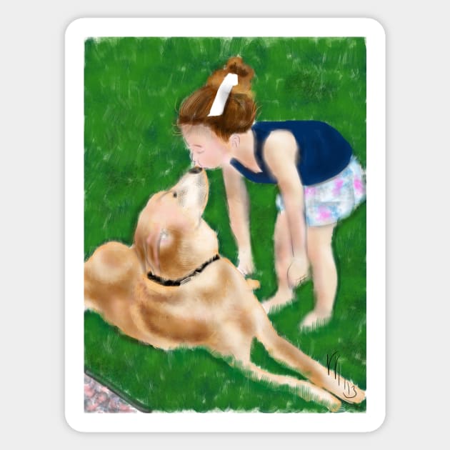 Little Girl Kissing her Golden Retriever Sticker by LITDigitalArt